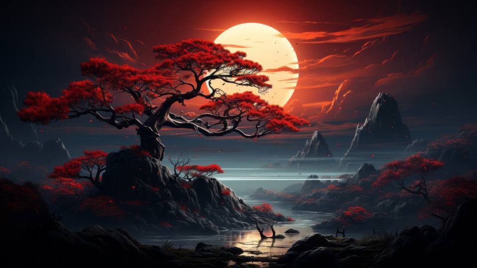 Zen Solutions artwork: a crimson bonsai before a glowing moon over a dark lake.